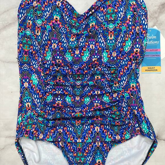 Swim Solutions Shirred Tummy Control One Piece Size 12 Blue Chevron Stripe New - Picture 3 of 6